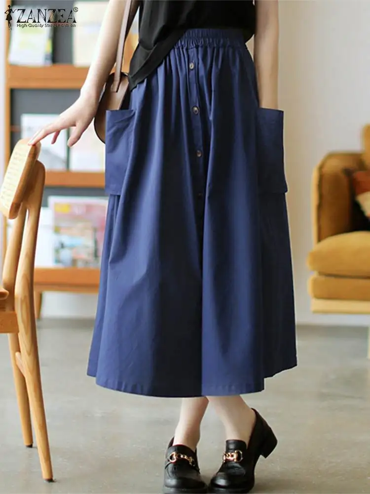 

ZANZEA Fashion Women Skirts 2022 Summer OL A-line Maxi Skirts Casual Solid Pockets Ladies Elastic Waits Bottoms Femme Oversized
