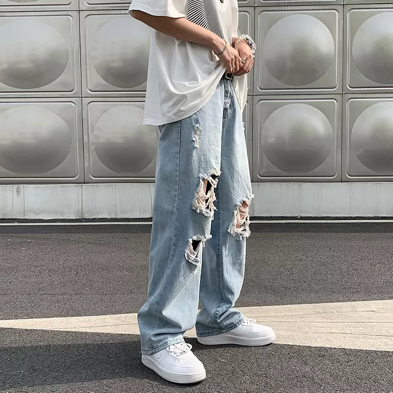 

High Street Ripped Jeans Male Ins Tide Brand Hip-hop Wide-leg Pants Summer Thin Section Straight Loose Casual Old Pants