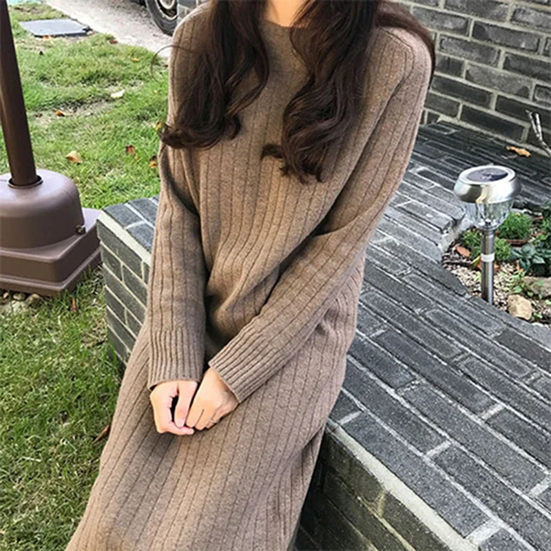 

2021 Long Sleeve Knitting Sweater Winter Maxi Bodycon Loose Skater Fashion Dress Warm Elegant For Women Ladies Dresses