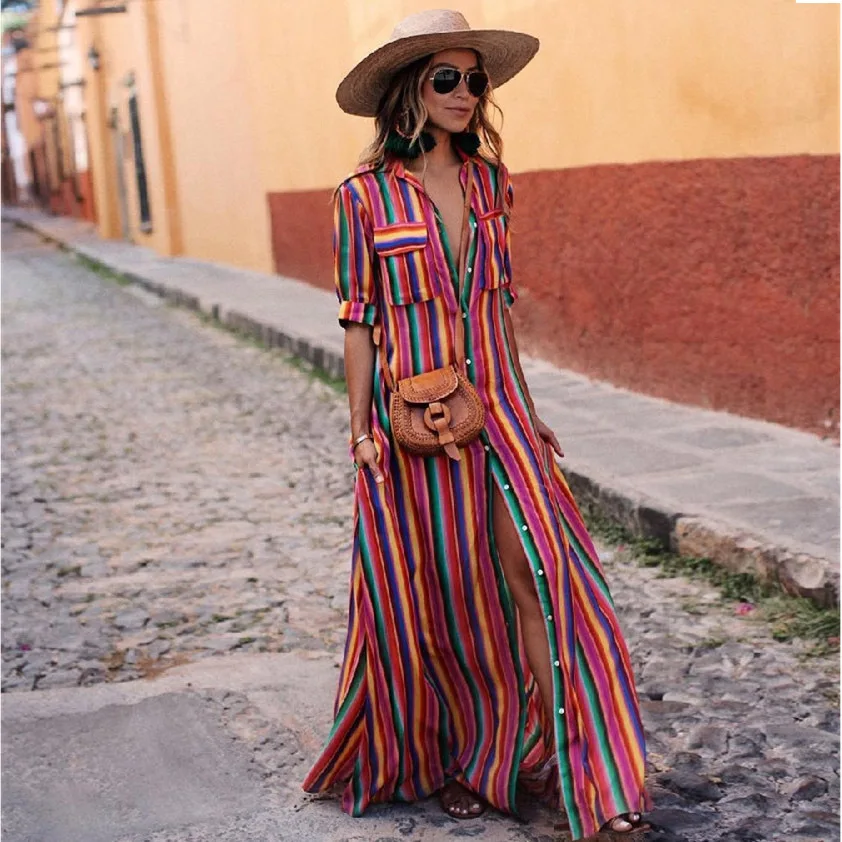 

2022 Summer Color Striped Split Long Length Beach Dresses Vestido