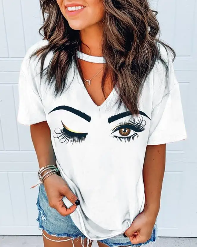 

Eyes Print Cutout Front Casual T-Shirt 2023 Summer White Women's Top Fashion V-Neck Versatile Basic Street Wear