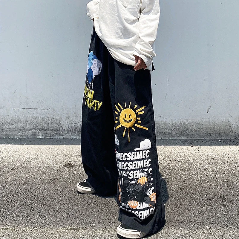 DEEPTOWN Graffiti Jeans for Men Gothic Printed Denim Pants Loose Casual Straight Trousers Male Streetwear Hip Hop Black Spring