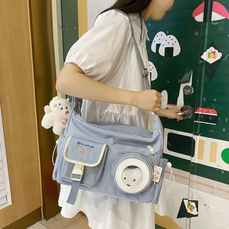 

Корейская женская сумка через плечо, милые прозрачные нейлоновые школьные сумки с карманами для девочек-подростков, Студенческая сумка для книг в студенческом стиле