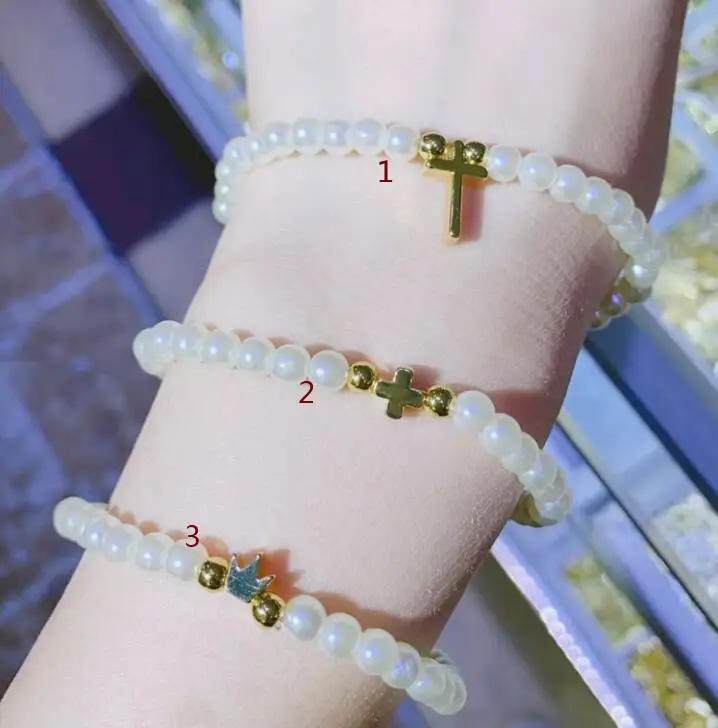 

Женский браслет с короной и жемчугом, позолоченный медный браслет с жемчужинами и крестом сглаза, Подарочная бижутерия, s3fs