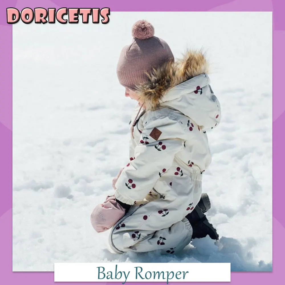 Baby Romper Cute Cherry Pattern Print Thicken Keep Warm Jacket Children Winter Outdoor Windproof Waterproof Snowproof Ski Suit