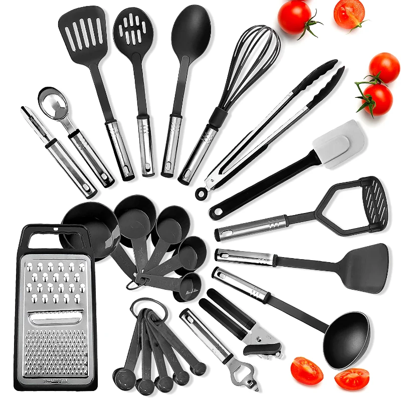 

Utensil Set 24 Nylon Stainless Steel Utensil Set, Non-Stick and Heat Resistant Cooking Utensils Set, Kitchen Tools, Black Tongs