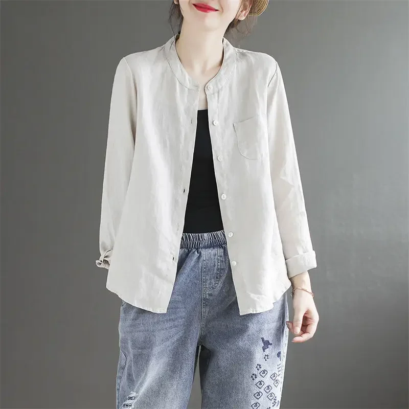 Художественная винтажная хлопково-льняная рубашка с воротником-стойкой и