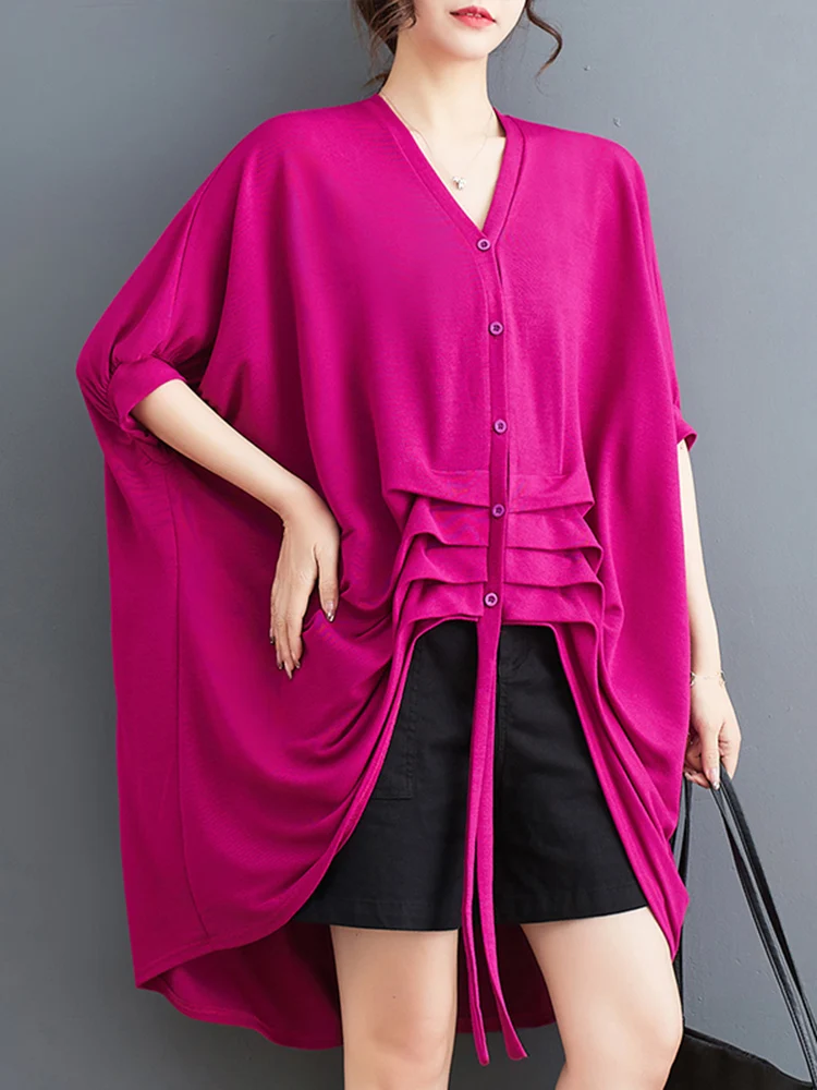 

Oversized knitted Red Vintage Shirt Women New V-Neck Short Sleeve Korean Fashion Loose Casual Blouse Tops Clothes Summer 2023