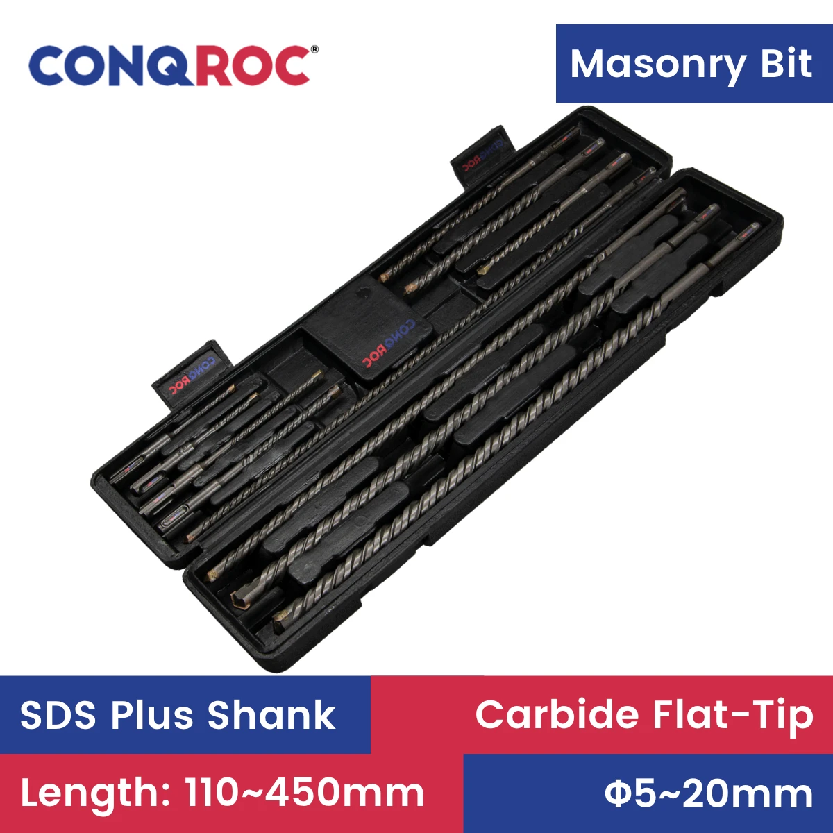 11 Pieces Long Masonry Drill Bits Set SDS Plus Shank for Electric Hammer Carbide Flat-Tip Diameter from 5mm to 20mm with Case