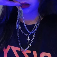 2021 personality hip hop multilayer necklace metal cross pendant silver color chain necklace for women men unisex jewelry %d1%87%d0%be%d0%ba%d0%b5%d1%80