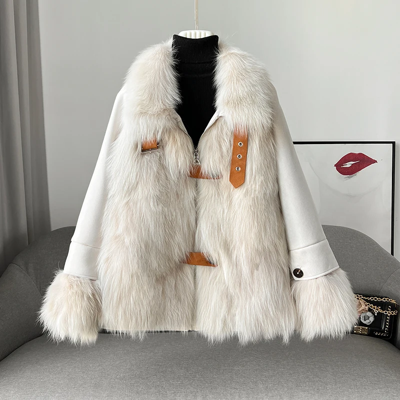 

Women's real fox fur overcoat new 2022 high quality warm zipper front Y2K style fur and leather one piece parka for women DC02