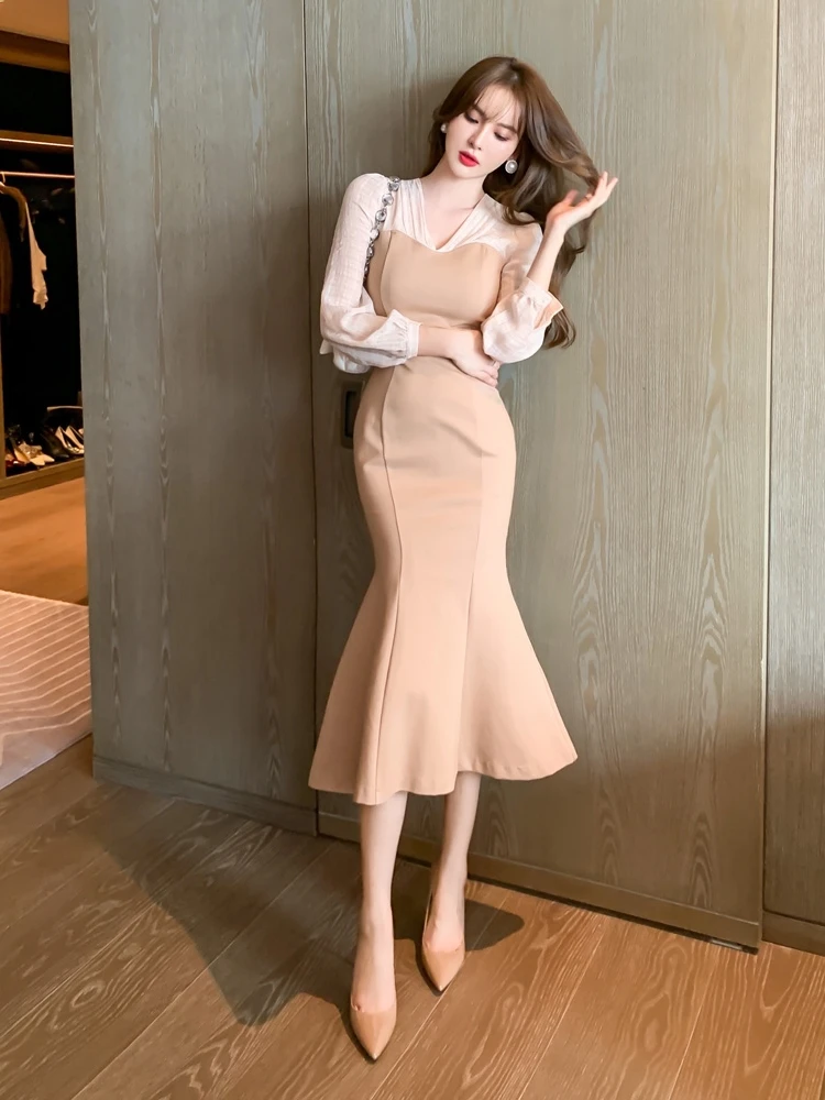 Frill Fishtail Dress Women Autumn Temperament Flattering Inner wear Sexy Slim fit Bottoming Skirt Mid-Length