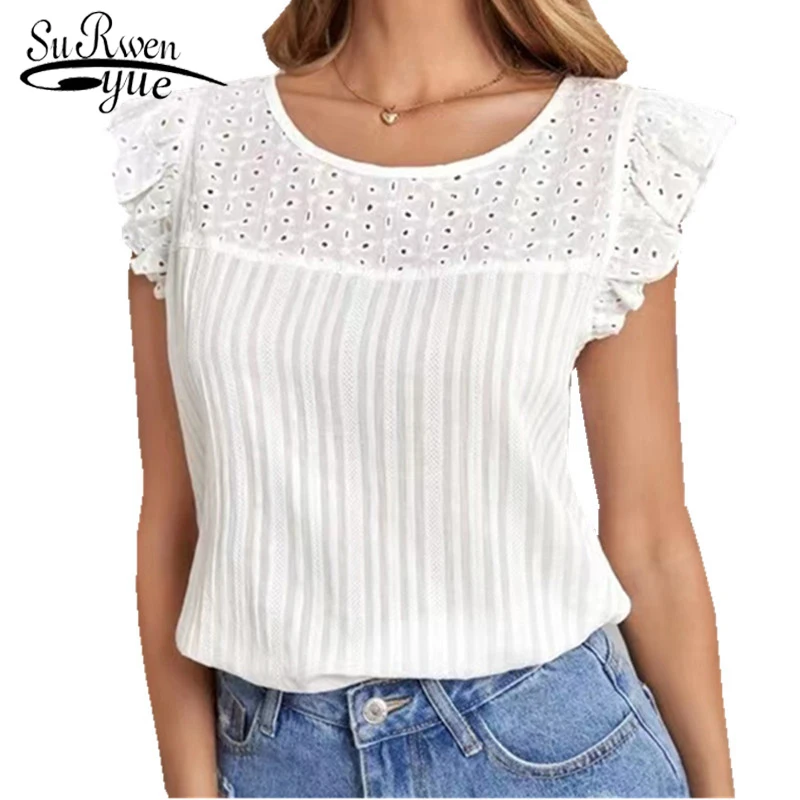 

2022 Summer New Hollow Out Splicing Sleeveless Casual Fashion O-neck Clothing Tops Ruffles Shirt Women Blouse Blusa Mujer 22327