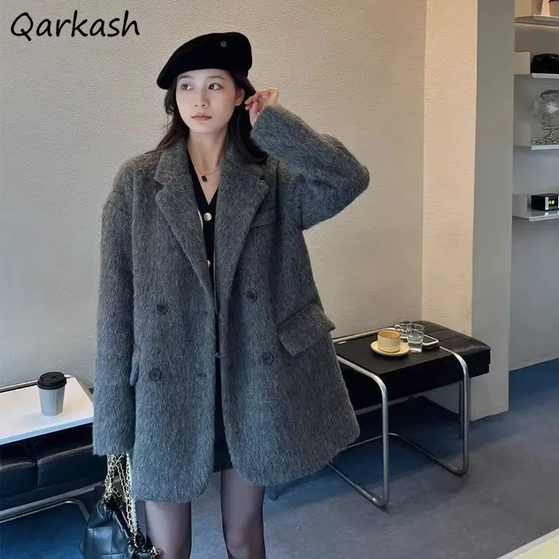 

Thickening Elegant Short Blends Women Chic All-match Loose Solid Simple Coats Winter Fashion Warm Mature Streetwear BF Ins New