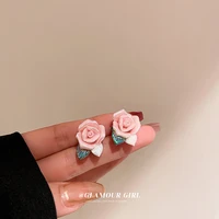 korean spring new pink resin rose flower stud earrings for women fashion jewelry simple temperament pendientes mujer brincos
