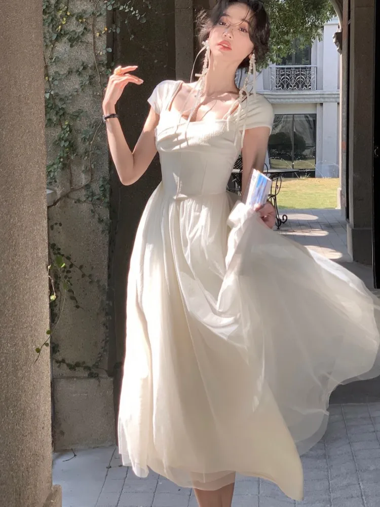 Женское французское платье в стиле ретро летние бежевые сетчатые