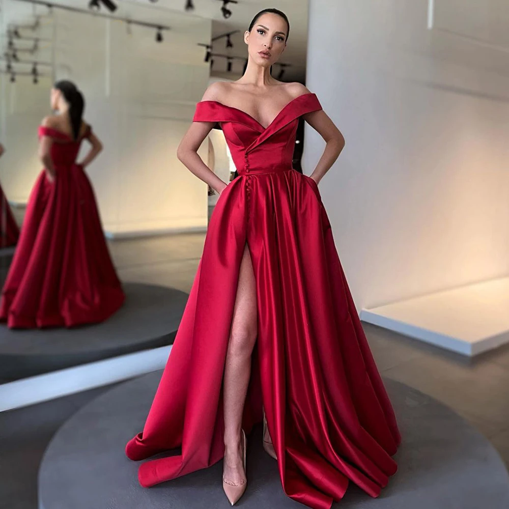 

Off Shoulder Sexy V Neck Evening Dresses Zipper Backless Women's Formal Dresses A-line Side Button robe de soirée robes de cockt