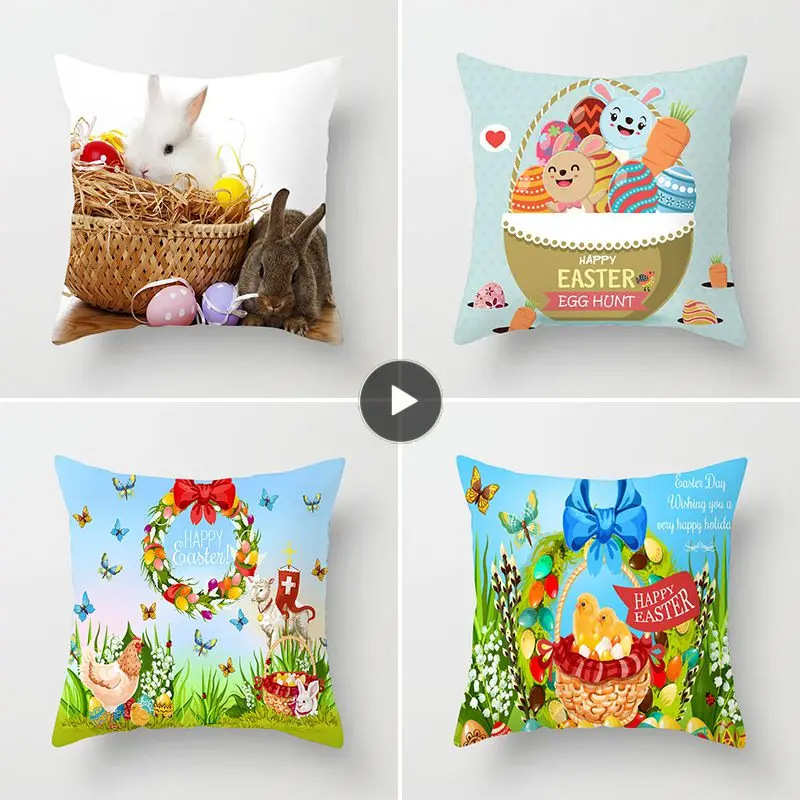 

Spring Easter Pillowcase Cushion Cover Flowers Bunny Eggs Printed Pillow Cover Throw Pillowcase Easter Home Decorations 45x45cm