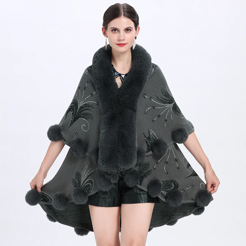 M GIRLS Double Layer Knit Jacquard Faux Fur Cardigan Cape Winter Women Long Overcoat Fashion Fur Ball Coat Shawl Wraps New