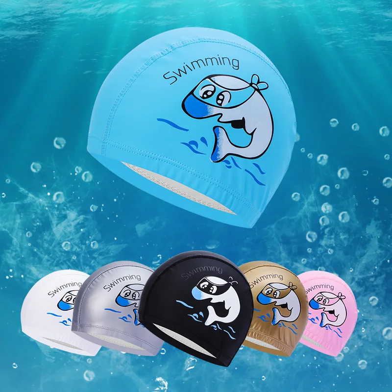 

High Quality Children's Swimming Cap PU Coated Waterproof Cartoon Dolphin Child Protection Ears Baby Swimming Pool Cap