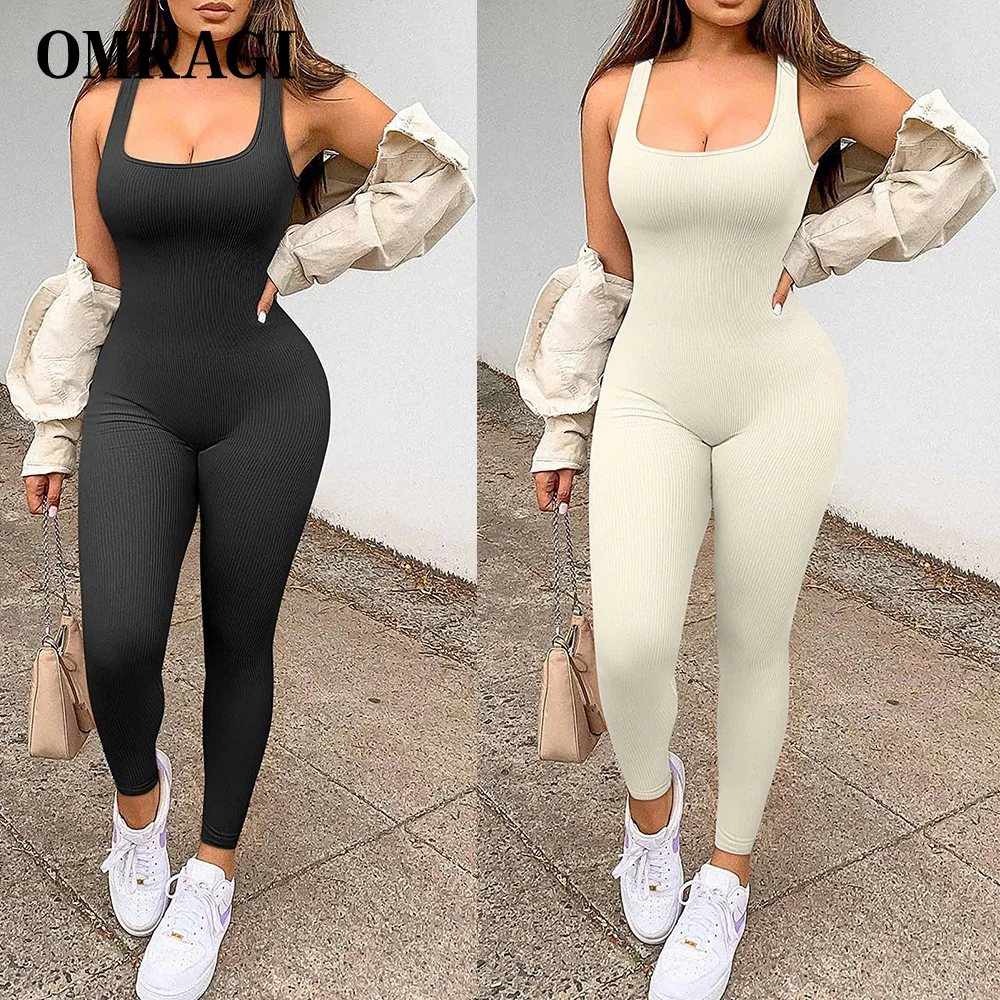 

OMKAGI Fitness Jumpsuits Women Seamless One Piece Yoga Set Racerback Bodycon Tummy Control Rompers Ribbed Bodysuiyts for Women