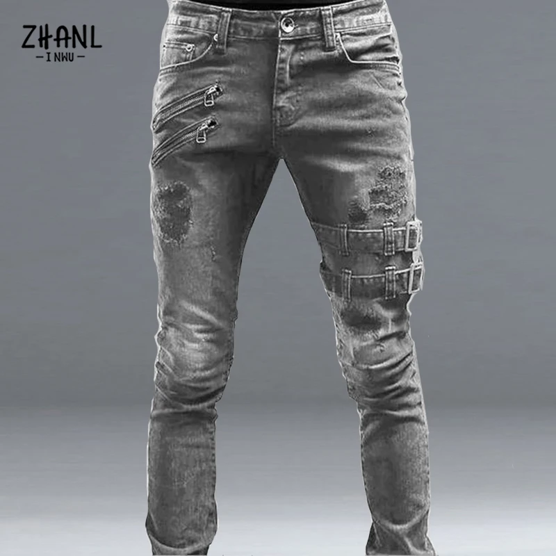 New Men's Jeans Stretch Slim Pencil Pants Four Seasons Casual Denim European and American Fashion Casual Metal Sheet Men's Jeans