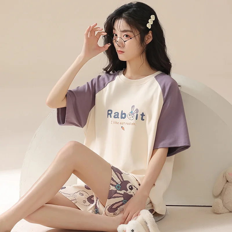 Cotton Pajamas Forwomen's Summer Thin Short-sleeved Shorts Sweet Cartoon Home Service Suit Breathable and Comfortable Loungewear