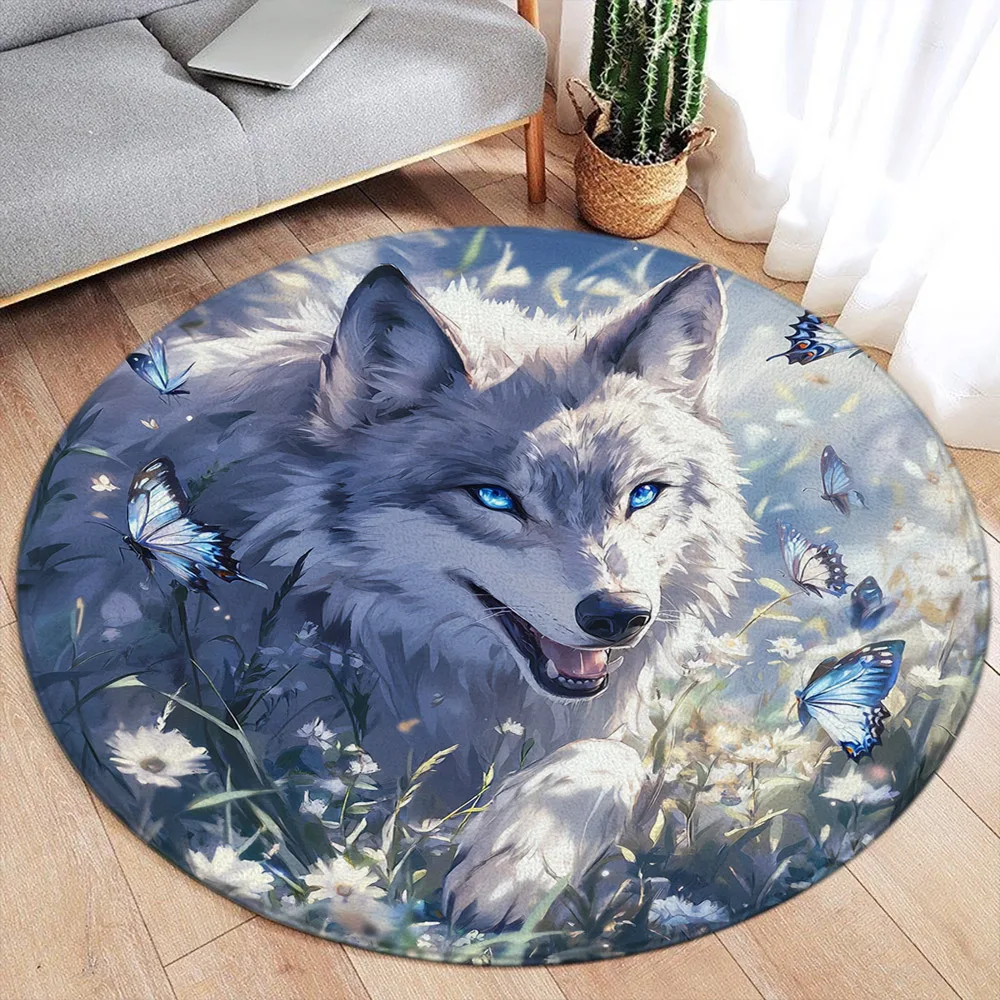 Круглый ковер с белым волком акварельный цветочный фланелевой коврик дикими