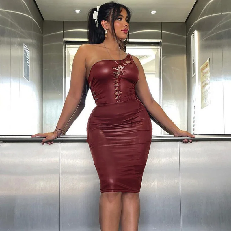 

Women Pu Faux Leather Dress Sexy Sleeveless Bandage Bodycon Dress Low Cut Backless Midi Dress Party Cocktail Dress Vestido