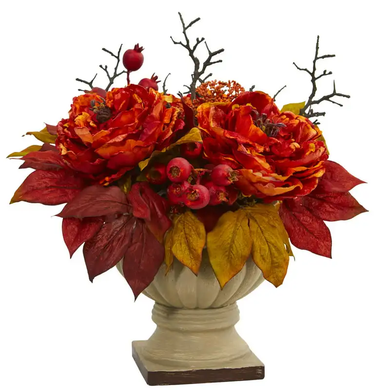 

15 in. Peony and Sedum Artificial Arrangement Wedding Party Vase Home Autumn Decoration Fake Flower