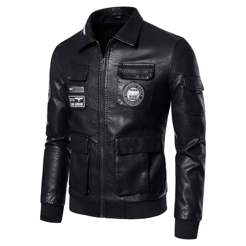 

Autumn Winter Men Plush Thick Warm Embroidered Leather Top Coat Fashion Badge Slim Fitting Leather Jackets Handsome Black Male