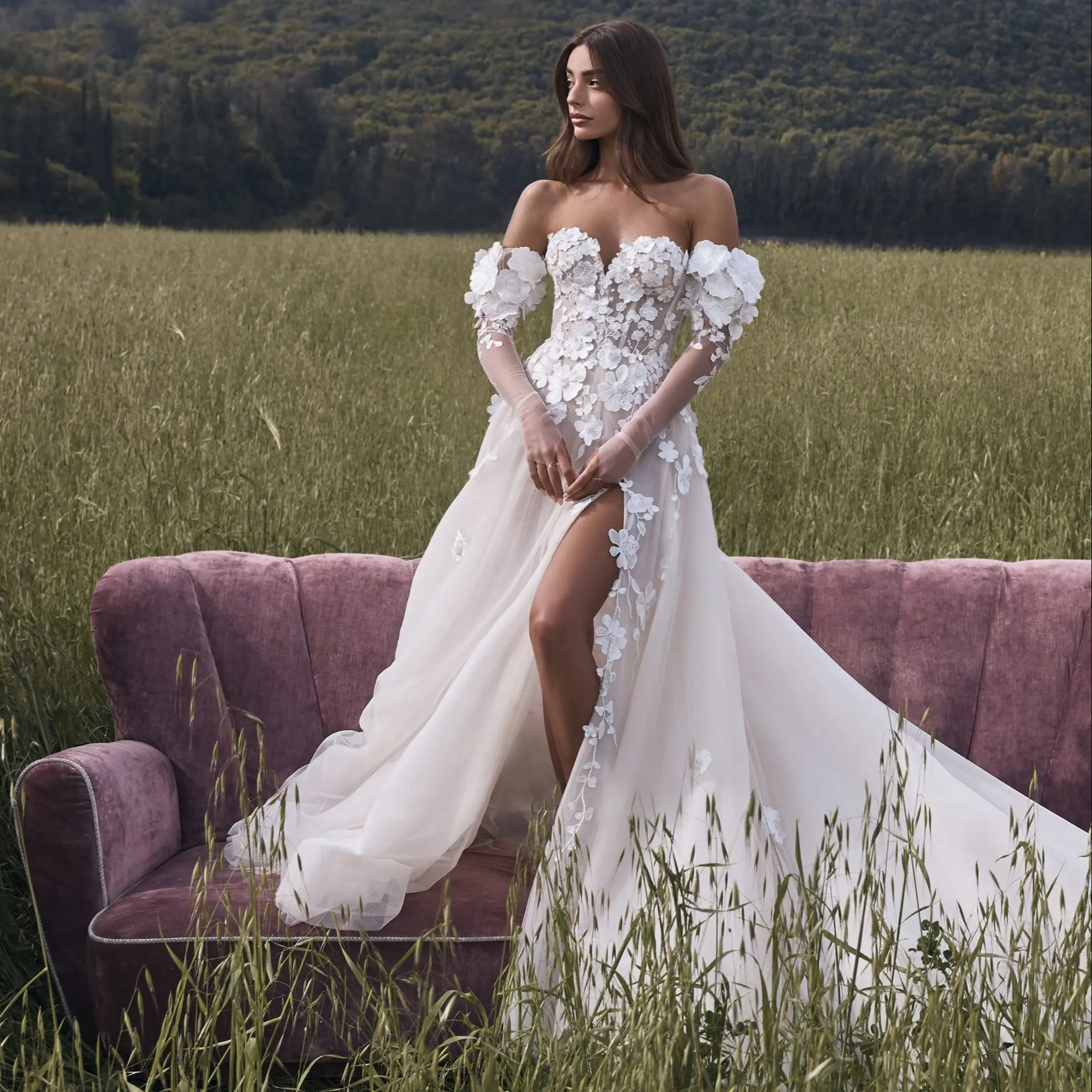 

Boho Tulle Wedding Dresses Women Floral Applique Side Split Vestido De Novia Custom Made Detachable Sleeves Beach Robes