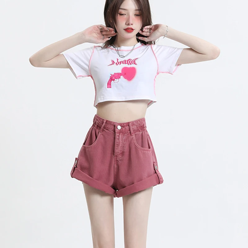 2023 Denim Shorts Women's Pink Black High Street Versatile Fashion Trend Summer High Waist Spicy Girl A-line