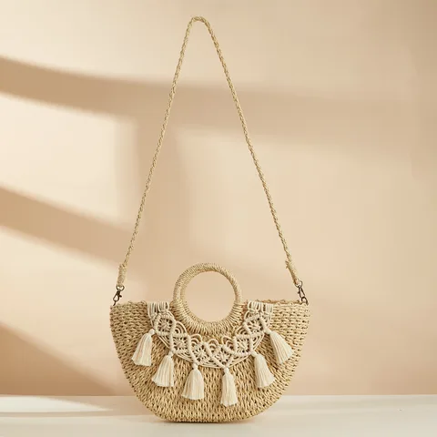 Женская соломенная сумка в форме полумесяца, простая ручная плетеная бумажная веревочная сумка с кисточками, летняя богемная БАЛИЙСКАЯ дорожная женская сумка