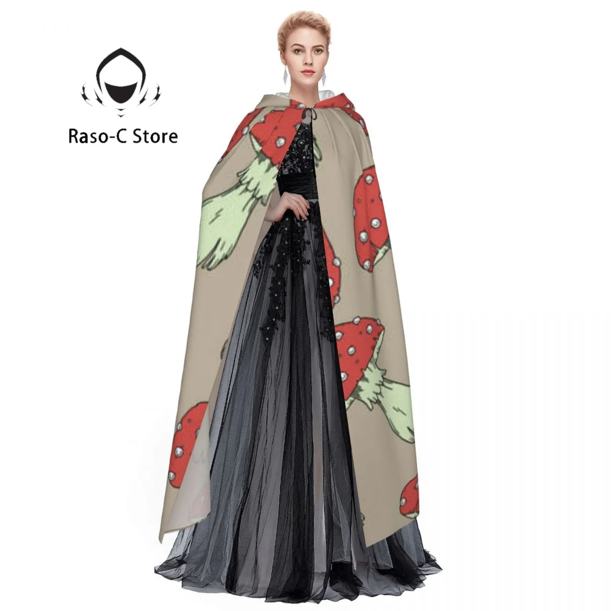 Длинная накидка плащ с капюшоном и агарическим рисунком грибов пальто осенние