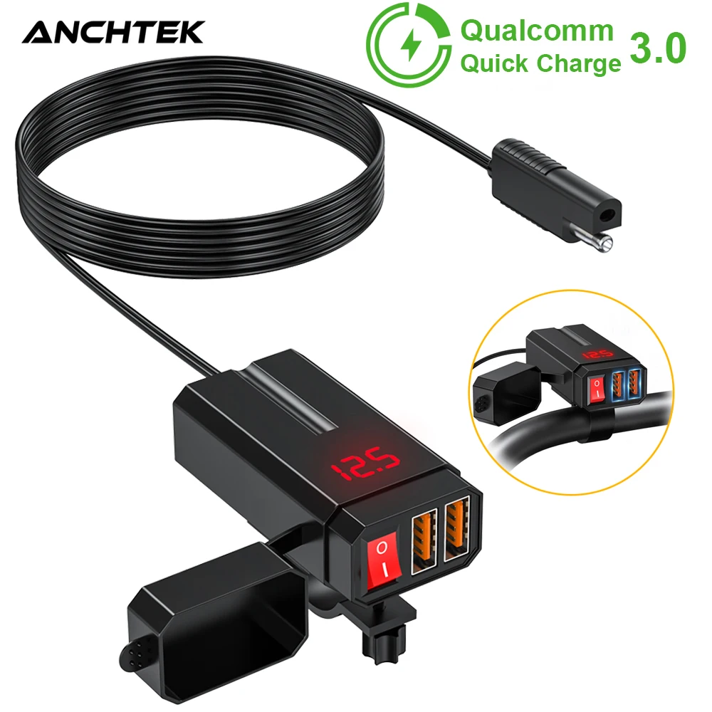 Зарядное устройство для телефона Anchtek QC3.0 для мотоцикла, 6,8 А, быстрое зарядное устройство для сотовых телефонов, водонепроницаемые USB-порты со светодиодным вольтметром, разъем адаптера питания для мотоцикла