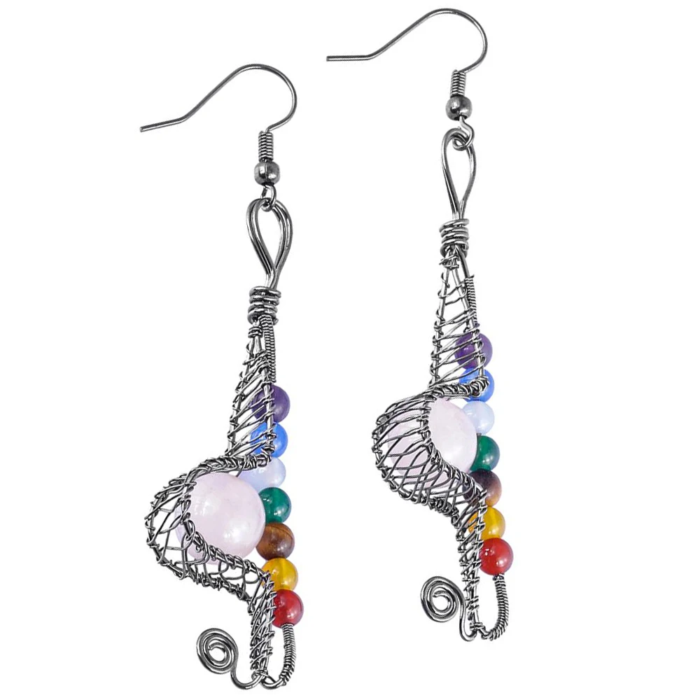 

TUMBEELLUWA Healing Chakra Round Beaded Dangle Hook Earrings For Women Gun Black Color Metal Wrap Gem Crystal Handmade Jewelry