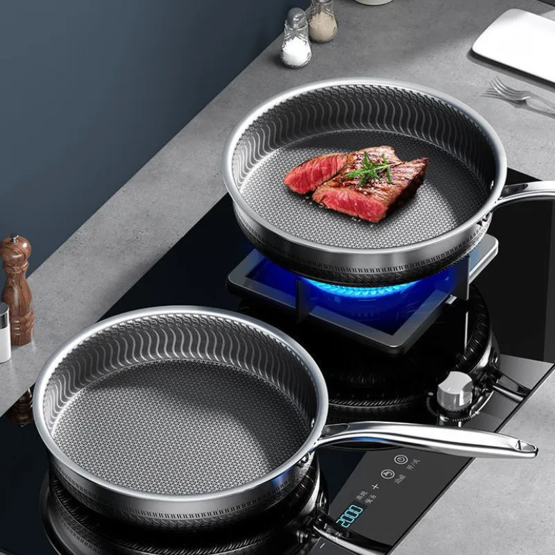 

Сковорода для жарки из нержавеющей стали, сковорода для вок, кухонная антипригарная сковорода, сковорода для приготовления пищи со стеклянной крышкой, стейк, яйцо, газ