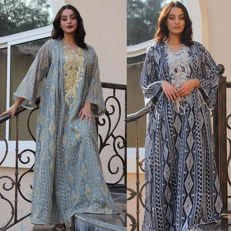 2023 Spring Summer Muslim Fashion Long Sleeve V-neck Embroidery Polyester Long Abaya Muslim Dresses Women Abaya Dubai