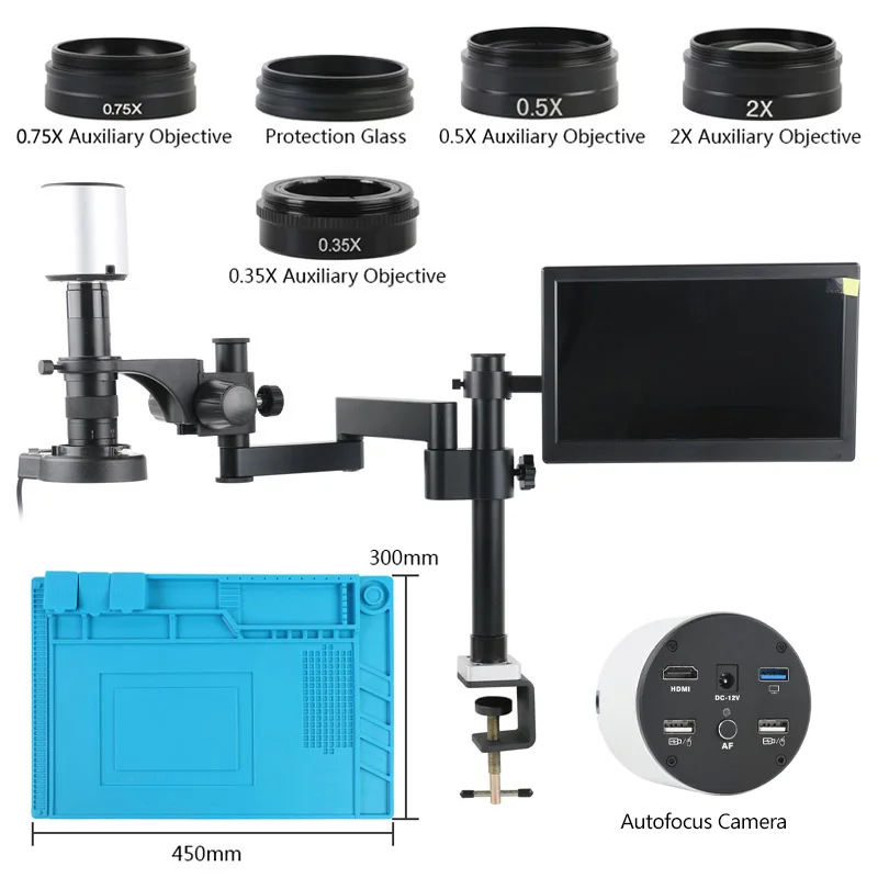 

Autofocus SONY IMX334 4K HDMI USB PC Measuring Video Microscope Camera 11.6" LCD Collapsible Deskto Stand Set For PCB Soldering