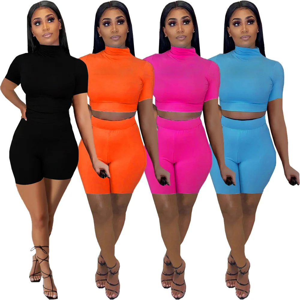 Women'S Sexy Tight-Fitting Short Sleeve Crop Top Shorts Summer Solid Color Casual Suit Clothing Bodycon Two Piece Set