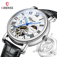business casual style mens automatic mechanical watches birthday gift for lover male simple moon phase wristwatch leather strap