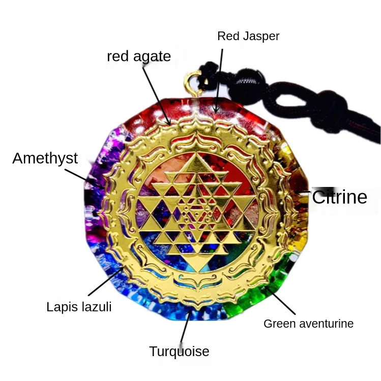 

Real Quartz Crystal Necklace Gem Pendant Gold Foil Metatron Cube Orgon Healing Energy Yoga Meditation Orgonite Sri 7 Chakra