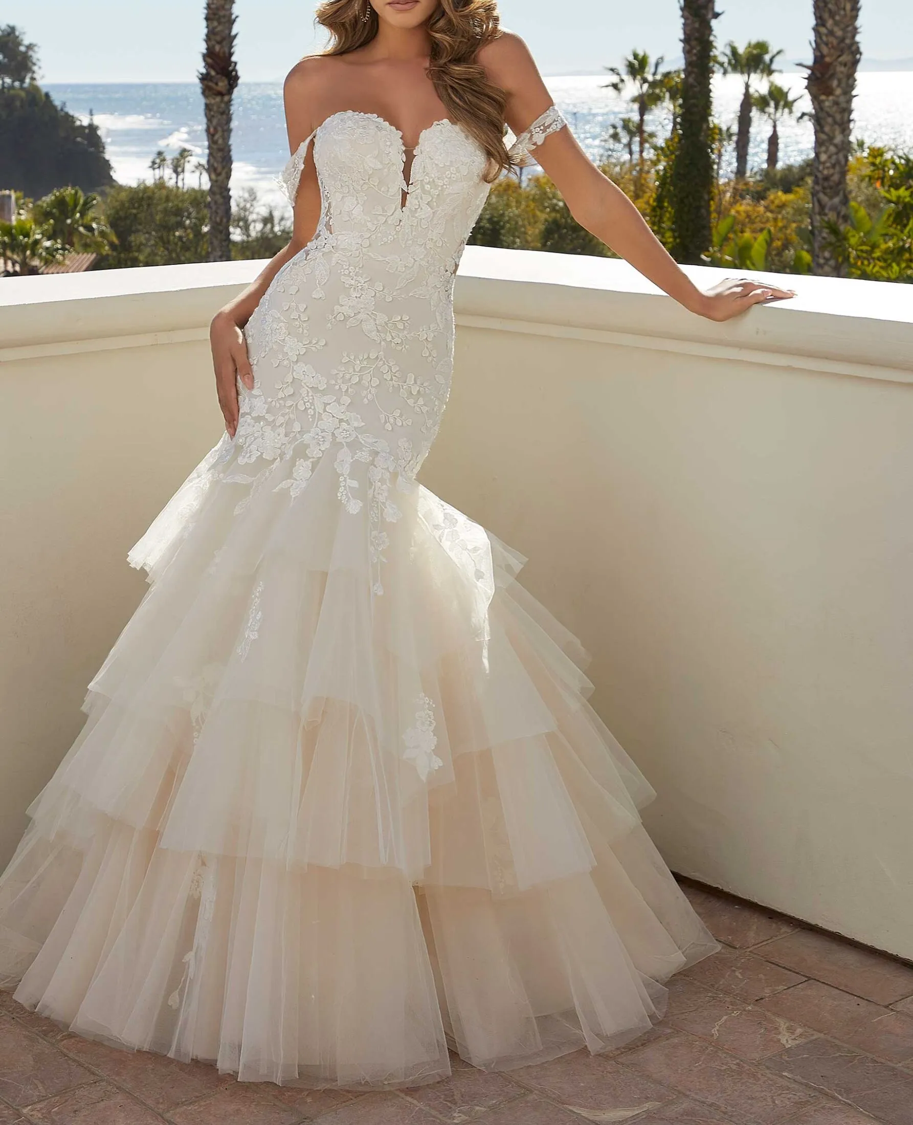 

2023 Long Beige Women Bride Mermaid Tulle Wedding Party Dress WHW-322