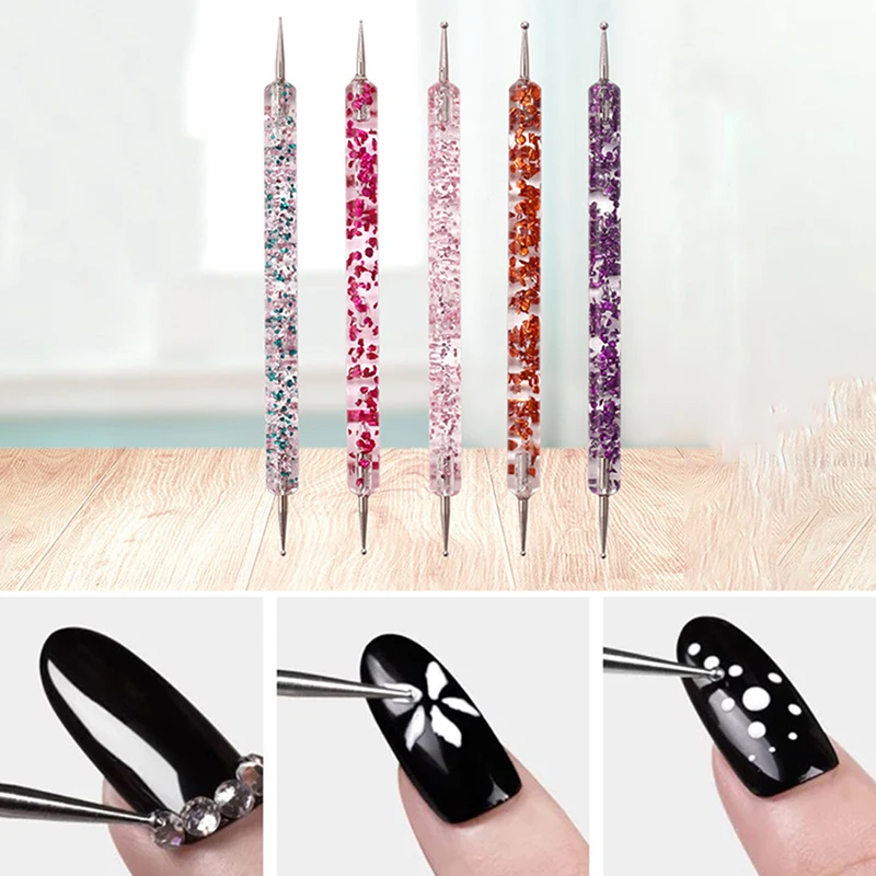 5pcs/set Nail Art Sequin Double-head Pointing Pen Acrylic Glitter Pointing Flower Pin Sequin Rod Pointing Drilling Pen Nail Tool