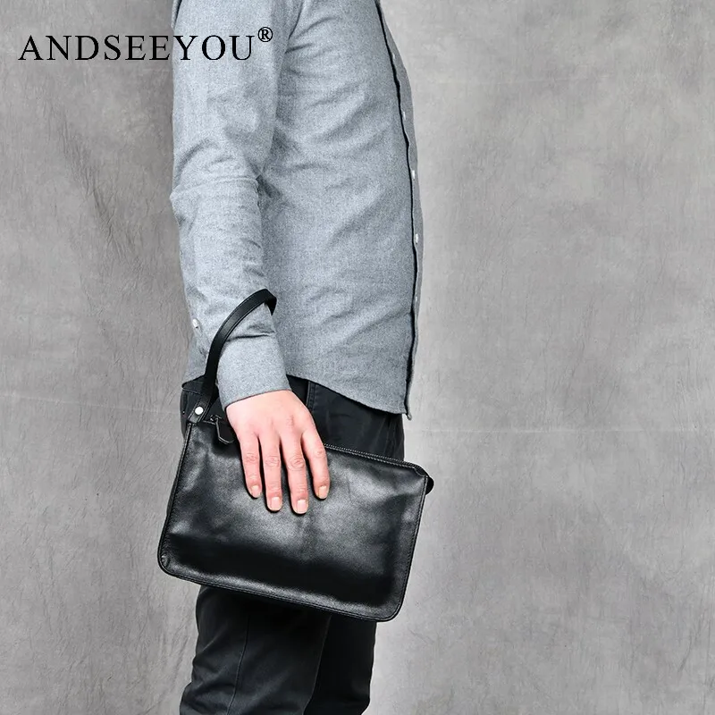 

Andseeyou Brand Men's Handbag First Layer Cowhide Briefcase Leather Envelope Bag Mobile Phone Large Capacity Casual Clutch Soft
