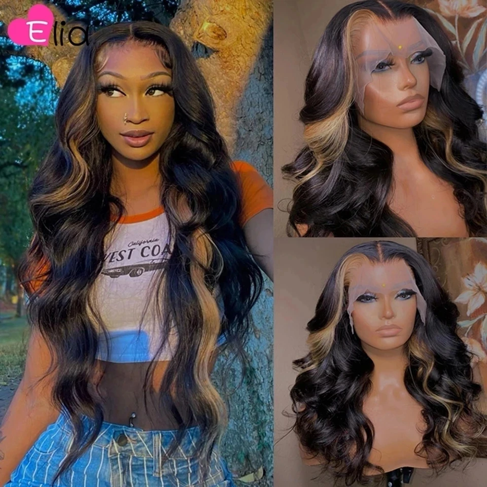 13x6 Lace Front Human Hair Wig Transparent Lace Wigs Malaysia Remy Hair Body Wave Highlights Wig For Black Women with Baby Hair