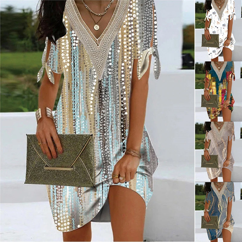 

Платье-трапеция женское средней длины, Модный повседневный элегантный винтажный сарафан с V-образным вырезом и коротким рукавом, лето 2023