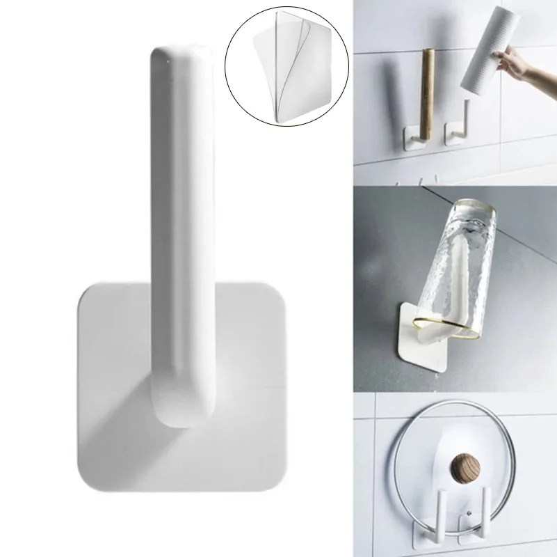 

No-drill Kitchen Holder Multifunctional Hook Wall Hanging Rack Roll Paper Cling Film Storage Rack Bathroom Accessories Organizer