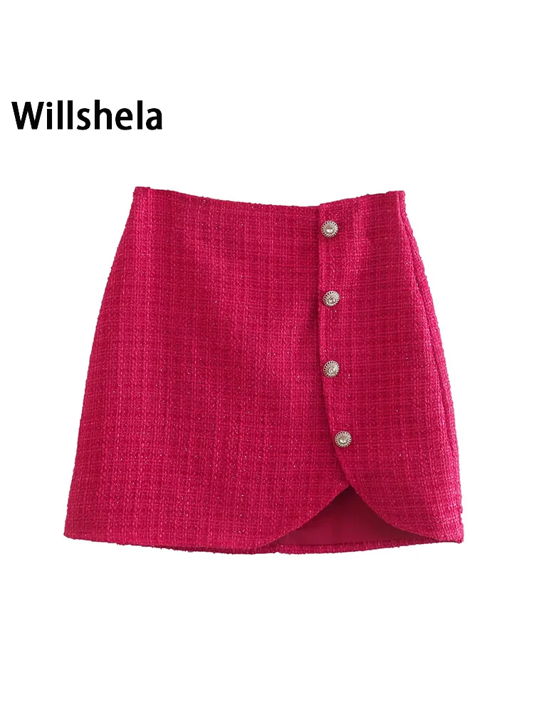 

Женские модные однотонные мини-юбки Willshela с пуговицами, Боковым Разрезом, молнией сзади, винтажные женские шикарные юбки с высокой талией